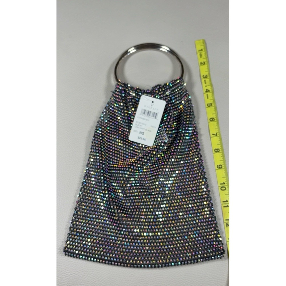 Windsor Black AB Rhinestone Mesh Ring Handle Evening Bag Purse NWT